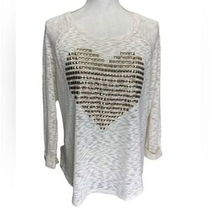 Cato Women's Ivory Gold Heart Embellishment Long Sleeve Blouse Size Large